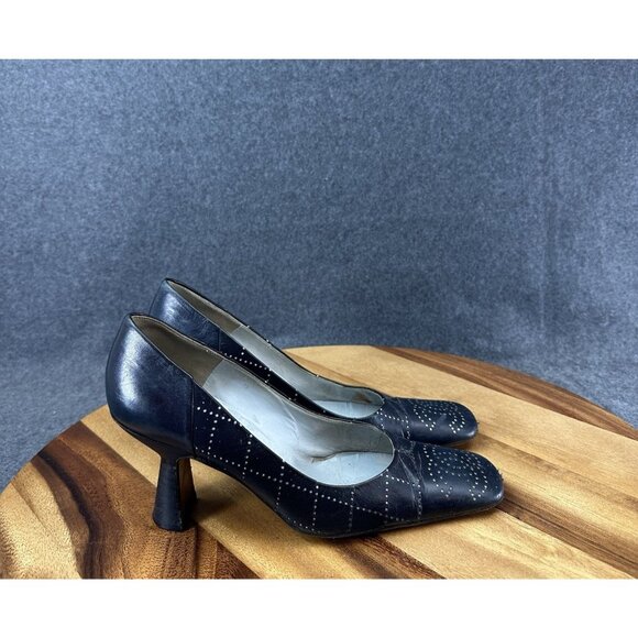 Chanel Womens Pumps Blue Leather Sz 36/6 Mark Punch CC Logo Heels Square Toe - Picture 1 of 16
